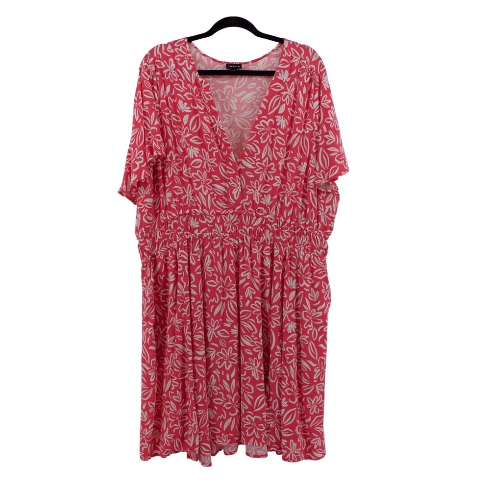 Torrid Dress Womens 4X Pink Floral Elastic Waist Knee Length Short Sleeve Summer